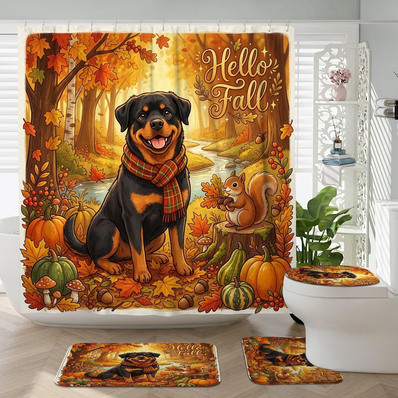 Rideaux de douche Rottweiler d'automne avec tapis de bain et contour WC