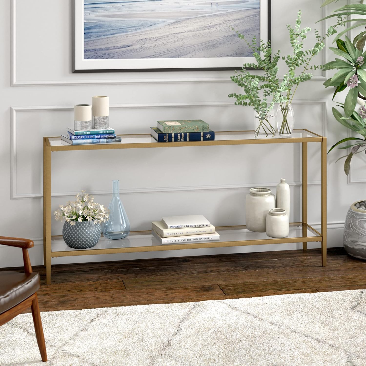 henn&hart 64" wide rectangular console table with glass shelf in brushed brass, entryway table, accent table for living room, hallway rectangular console table 64" wide brushed brass