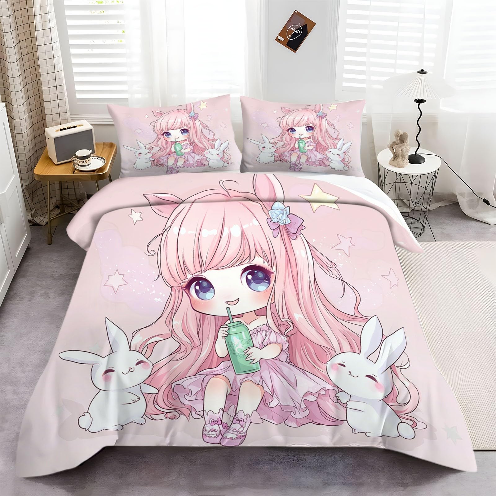 Funda Nordica Infantil para Cama 90 Niña Rosa De Dibujos Animados con Conejito Funda de Edredón de Polialgodón, Juego de Ropa de Cama con Fundas Nordicas 150x200 cm + 2 50x75 cm