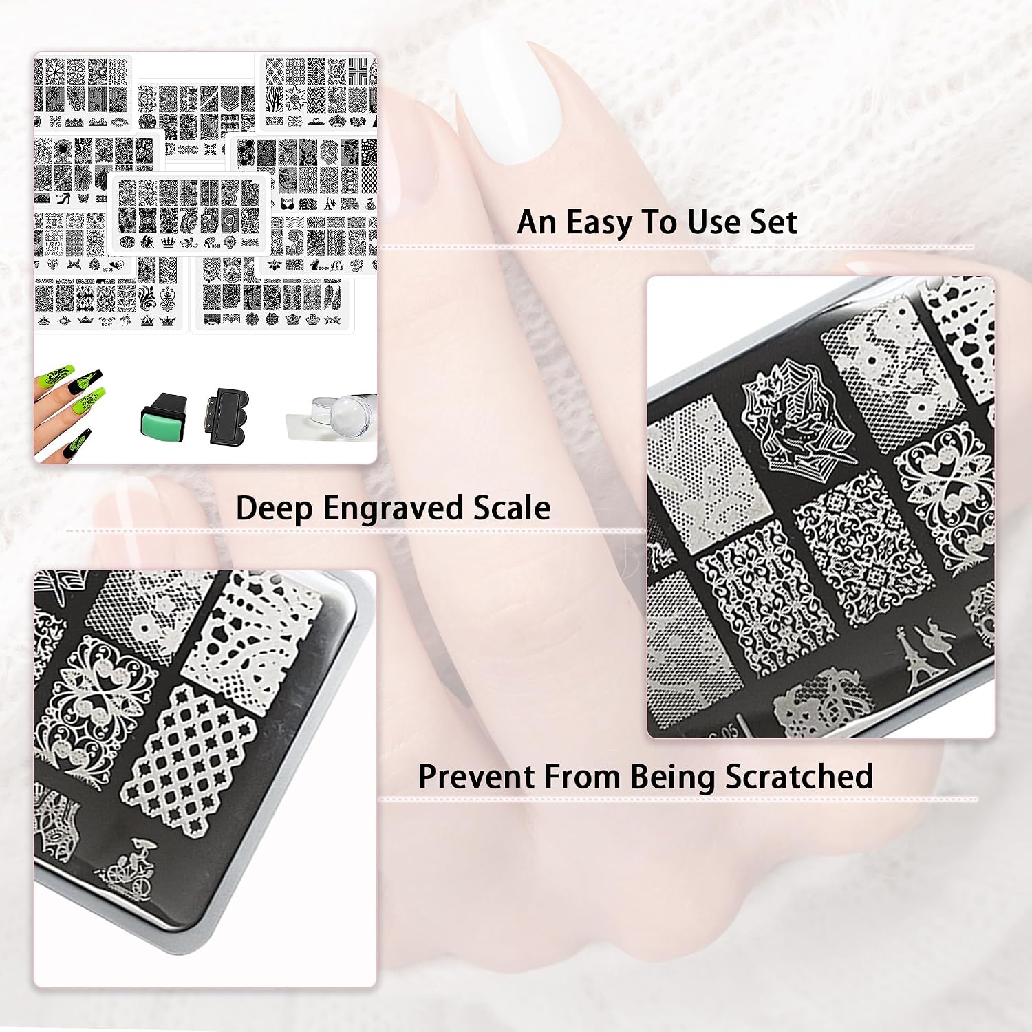 Beauty Leader 10PCS Nail Art Stamping Plates Mix Design Image Plates with White Plastic Plate Holder+1 Pcs Square Rubber Stamper DIY Nail Art Image Stamp Template(1-10)