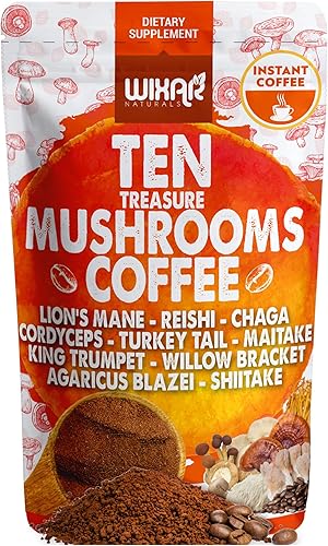 Wixar - Mezcla de café de hongos, extracto de diez hongos del tesoro, café instantáneo en polvo con melena de león, cola de pavo, reishi, chaga,