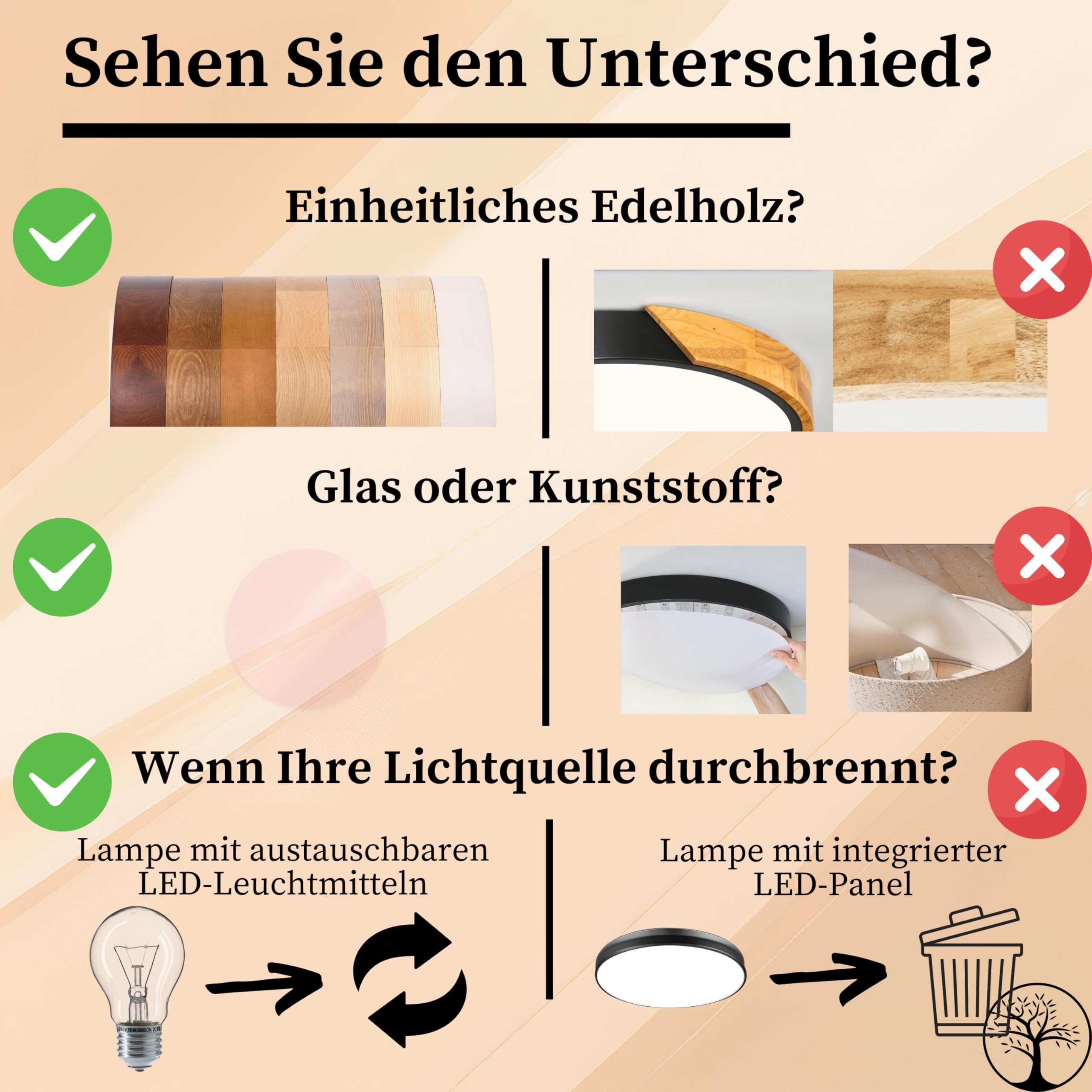LEJA – Quadrat Deckenleuchte aus Holz & Glas, E27 Fassung, für Wohnzimmer, Küche, Bad, Schlafzimmer & mehr (Eiche, 38,5)
