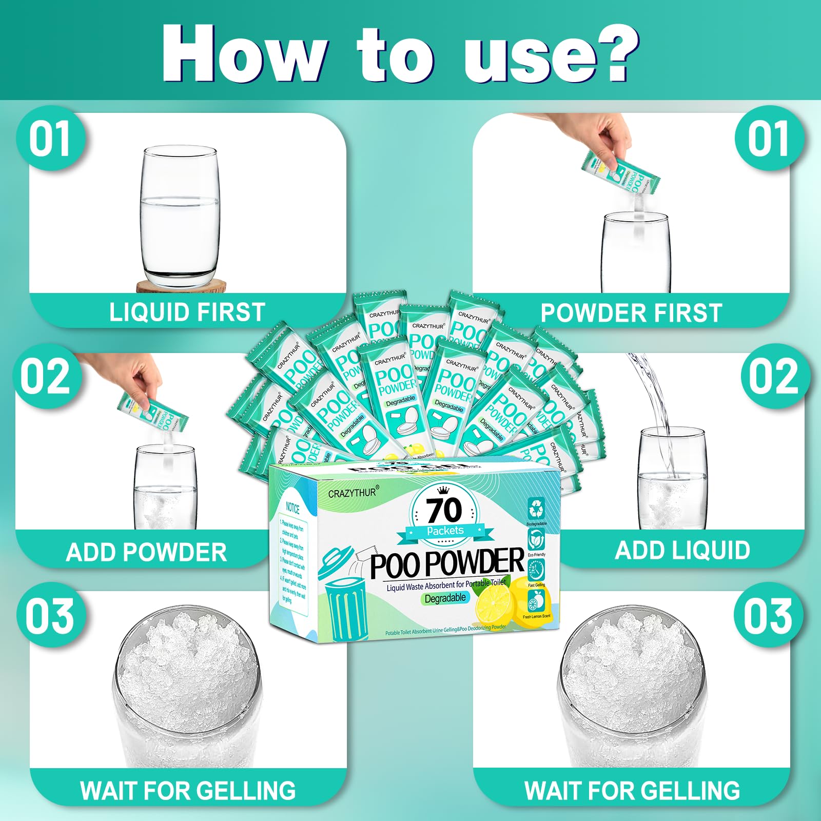 Gel de inodoro portátil en polvo, 70 paquetes de gel de inodoro de viaje, polvo de caca con aroma a limón, gel ecológico para polvo de inodoro portátil, gel portátil para campamento y