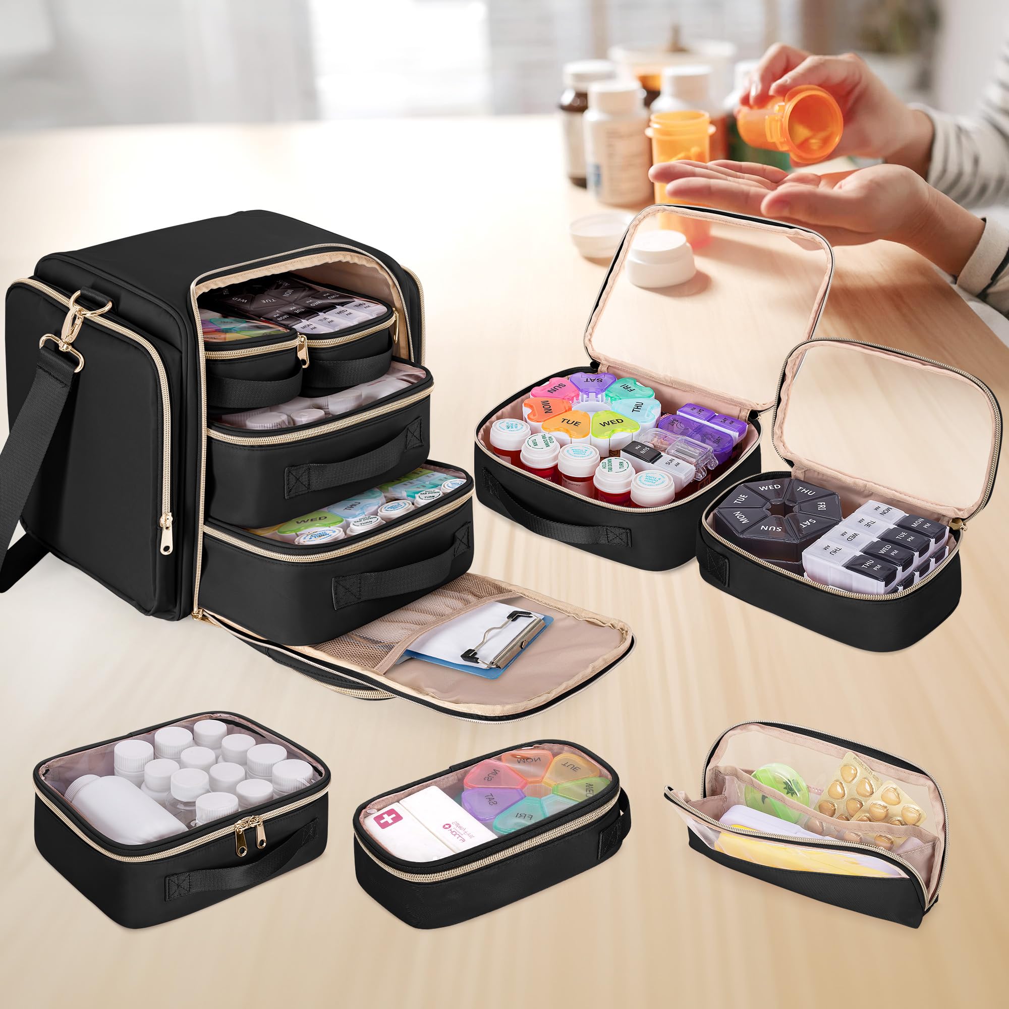 Sac de Rangement pour Médicaments avec 5 Poches Amovibles, Sac Organisateur de Flacons de Pilules avec Bandoulière, Grand Sac de Voyage pour Médicaments pour Fournitures Médicales, Noir