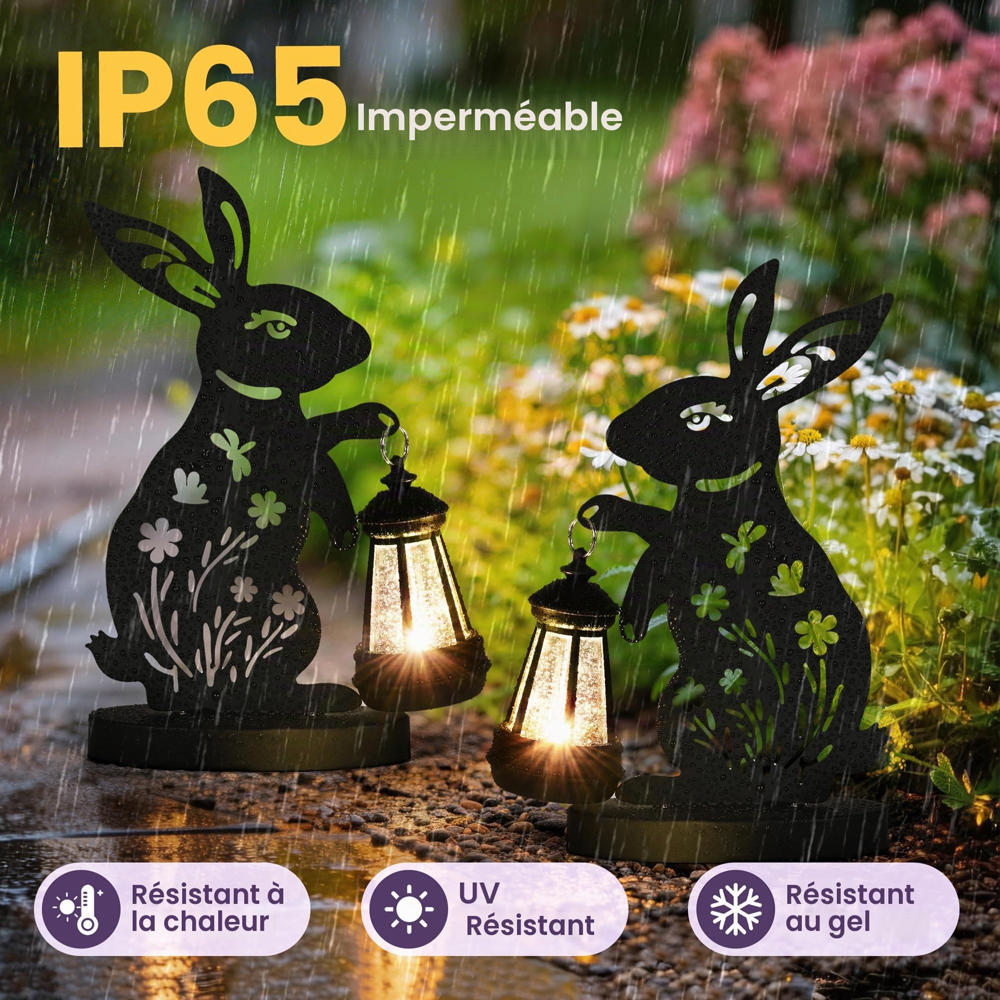 GIGALUMI Statues de Lapin,décorations de Jardin d'extérieur avec éclairage Solaire, Statues de Jardin étanches pour terrasse et Cour, Cadeaux Originaux pour Maman (Lot de 2)