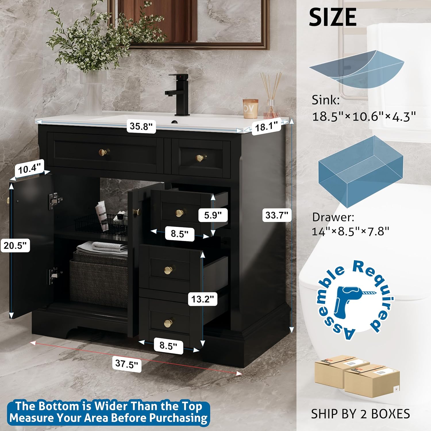 eclife 36" Bathroom Vanity with Sink Combo, Vintage Bathroom Vanities Storage Cabinet w/Painted Surface, Raised Arch Feet, Soft Closing Doors, Undermount White Sink Faucet Drain, Black