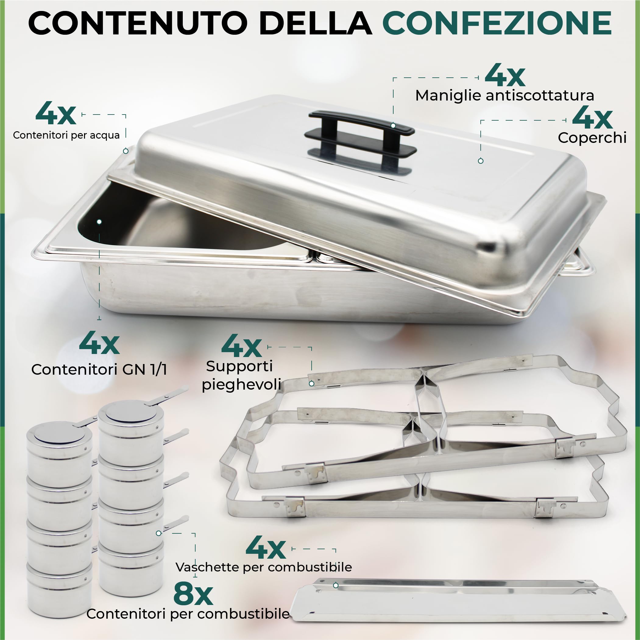Set 4 Scaldavivande LEUTHERIA - Chafing dish professionale in acciaio inox alimentare SS201 per buffet/bagnomaria professionale/mantenimento caldo/catering/hotel/ristorante - 9L capacità
