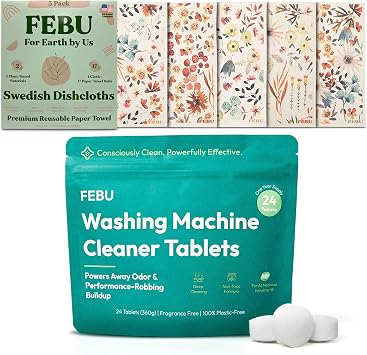 FEBU Save 15% on Swedish Dishcloth + Washing Machine Cleaner Tablets | 5 Pack Watercolor Reusable Paper Towels + 24ct Washer Cleaner Tablets