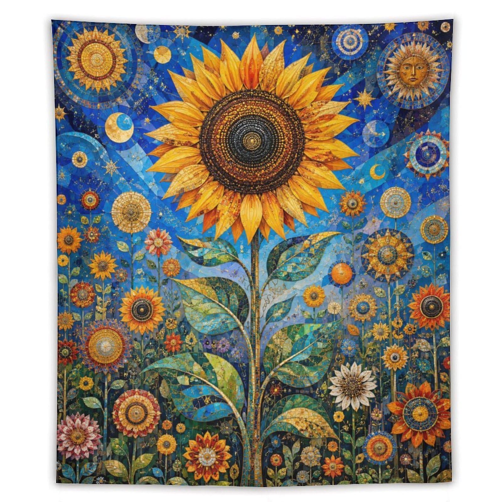 H3B8U2Y5 Stained Glass Sunflower Wall Tapestry, Mosaic, Colorful Mosaic
