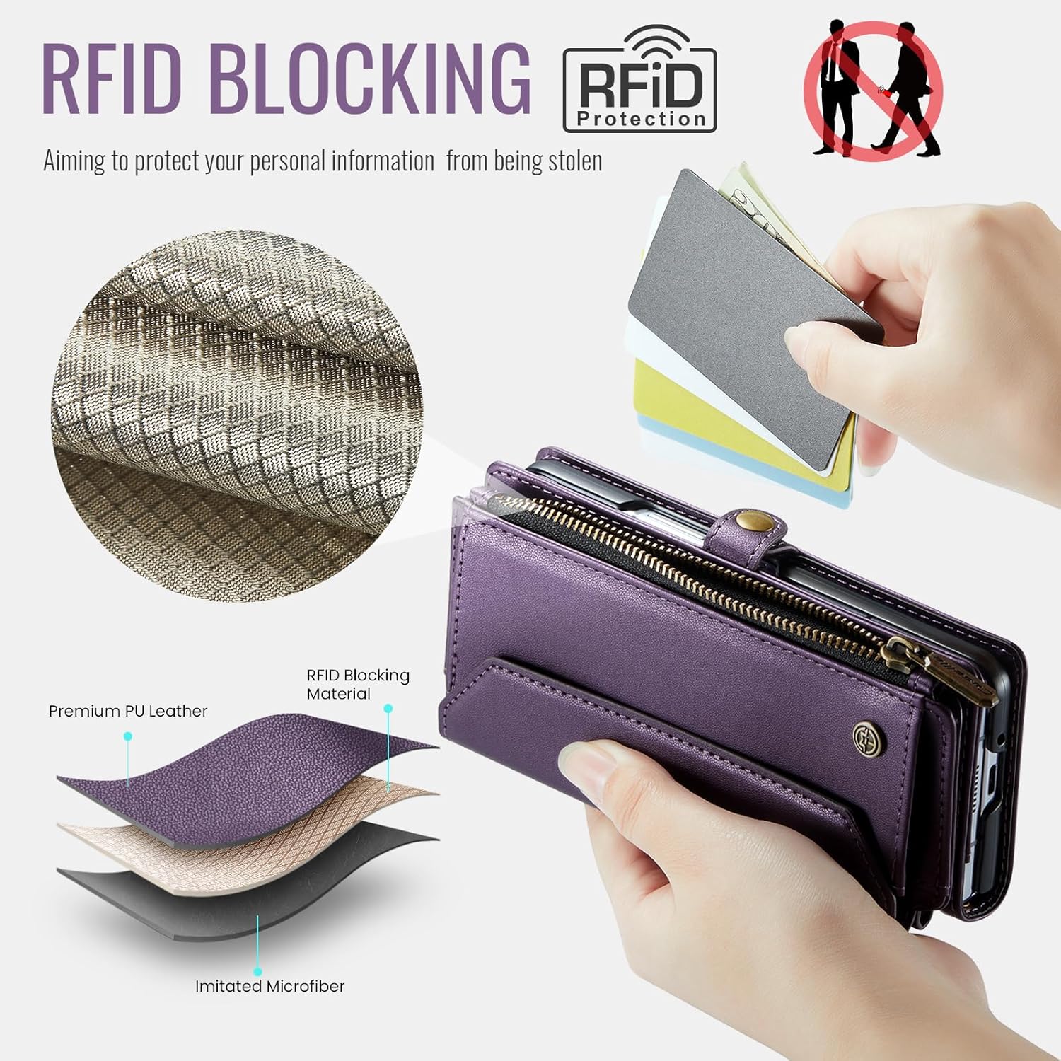 for Samsung Galaxy Z Fold 7 Wallet Case Durable Leather Cover with Card Holder Flip Flap Wrist Strap Zipper Closure & RFID Blocking Case for Galaxy Z Fold 7 Purple