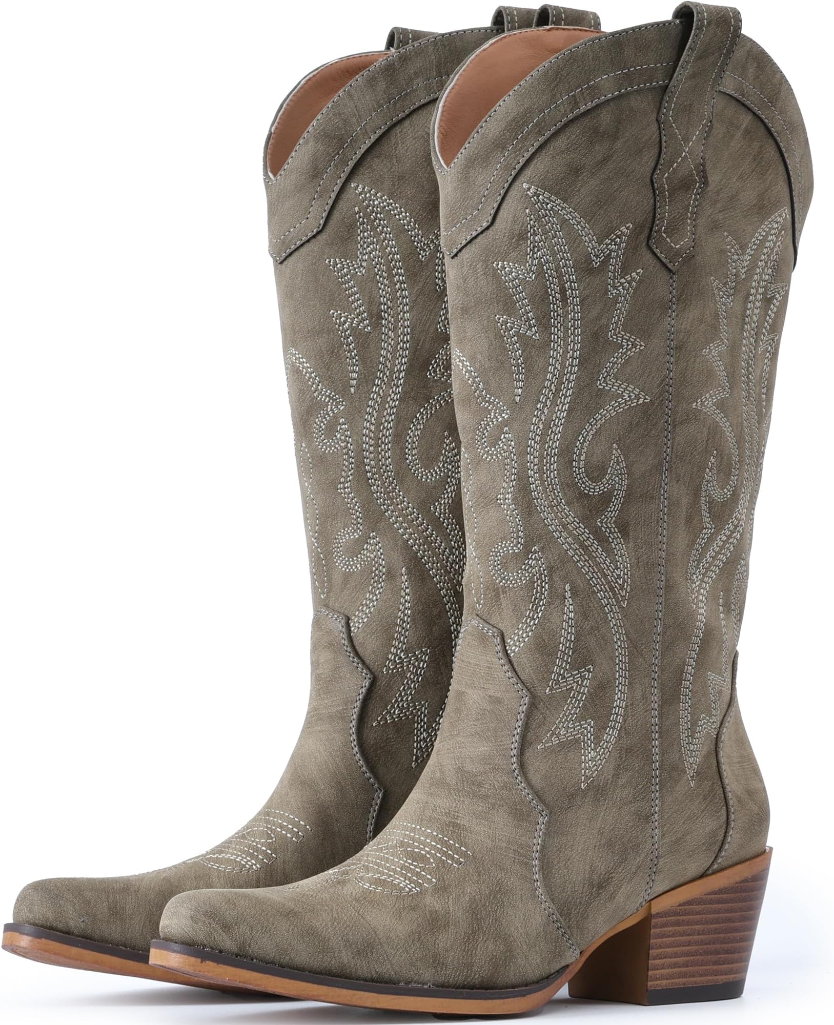 Cowboy Boots For Women Western Cowgirl Boots with Chunky Heel Mid Calf Snip Toe Ideal for low insteps, Taupe, 5