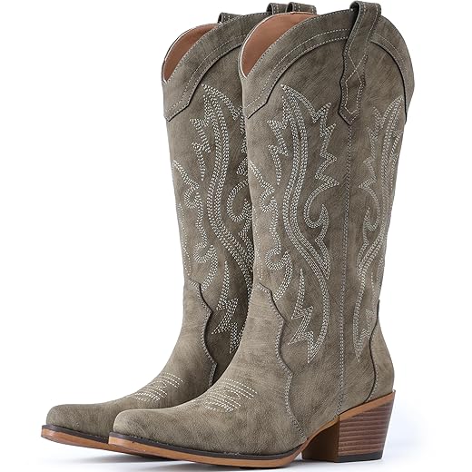 IUV Cowboy Boots For Women Western Cowgirl Boots with Chunky Heel Mid Calf Snip Toe Ideal for low insteps