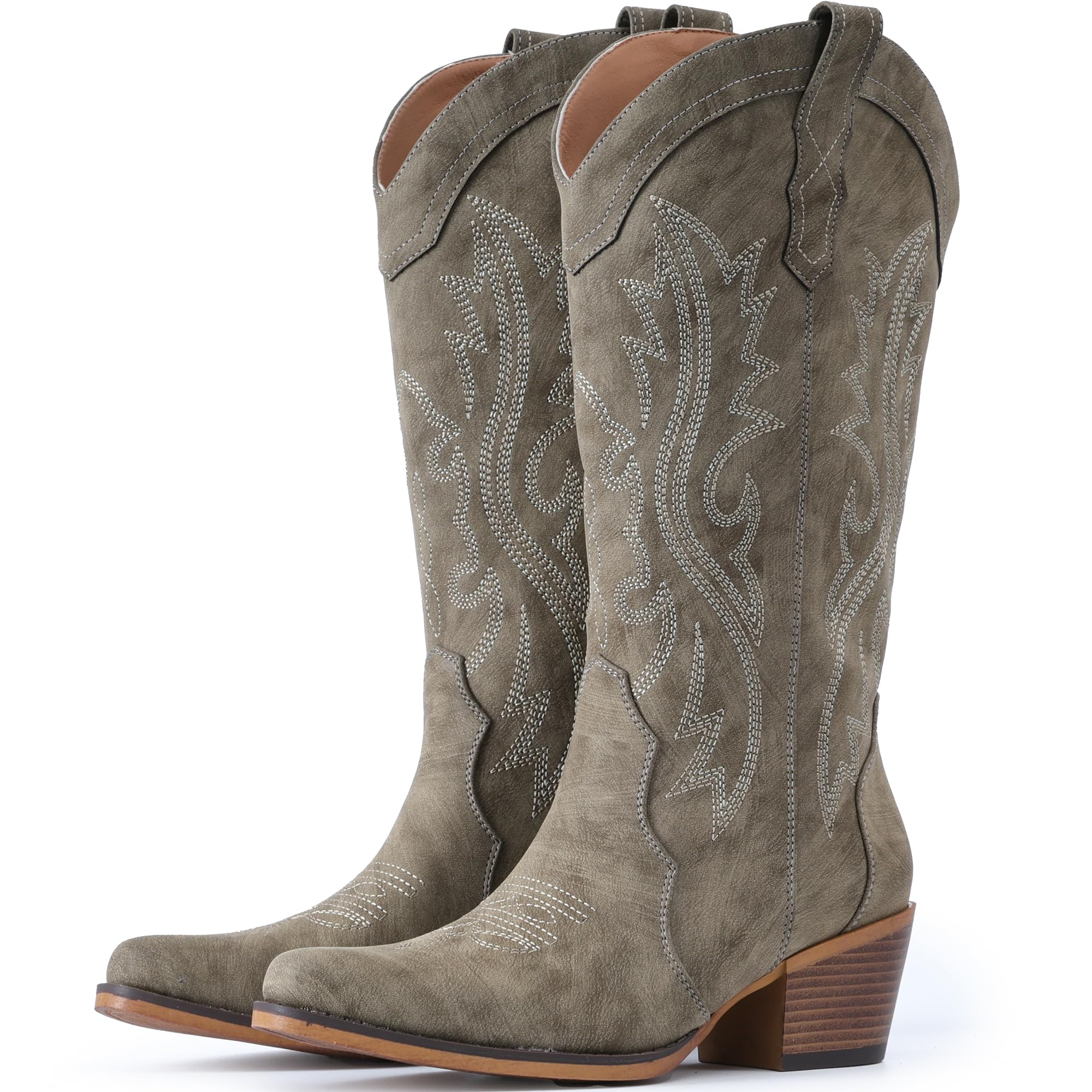 Cowboy Boots For Women Western Cowgirl Boots with Chunky Heel Mid Calf Snip Toe Ideal for low insteps, Taupe, 5