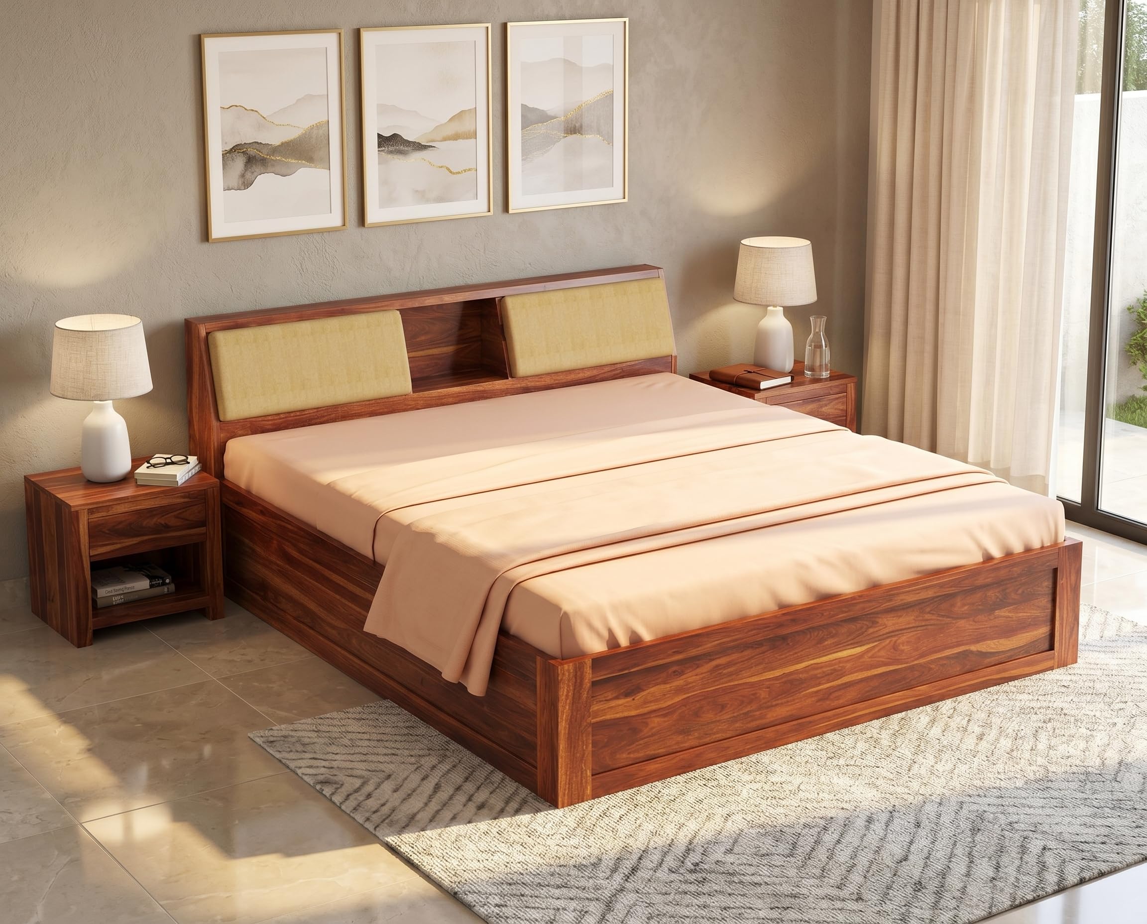 Sheesham Wood Queen Size Bed with Box Storage Wooden Double Bed Cot Bed Furniture for Bedroom Living Room Home - Natural Honey Finish-image-46