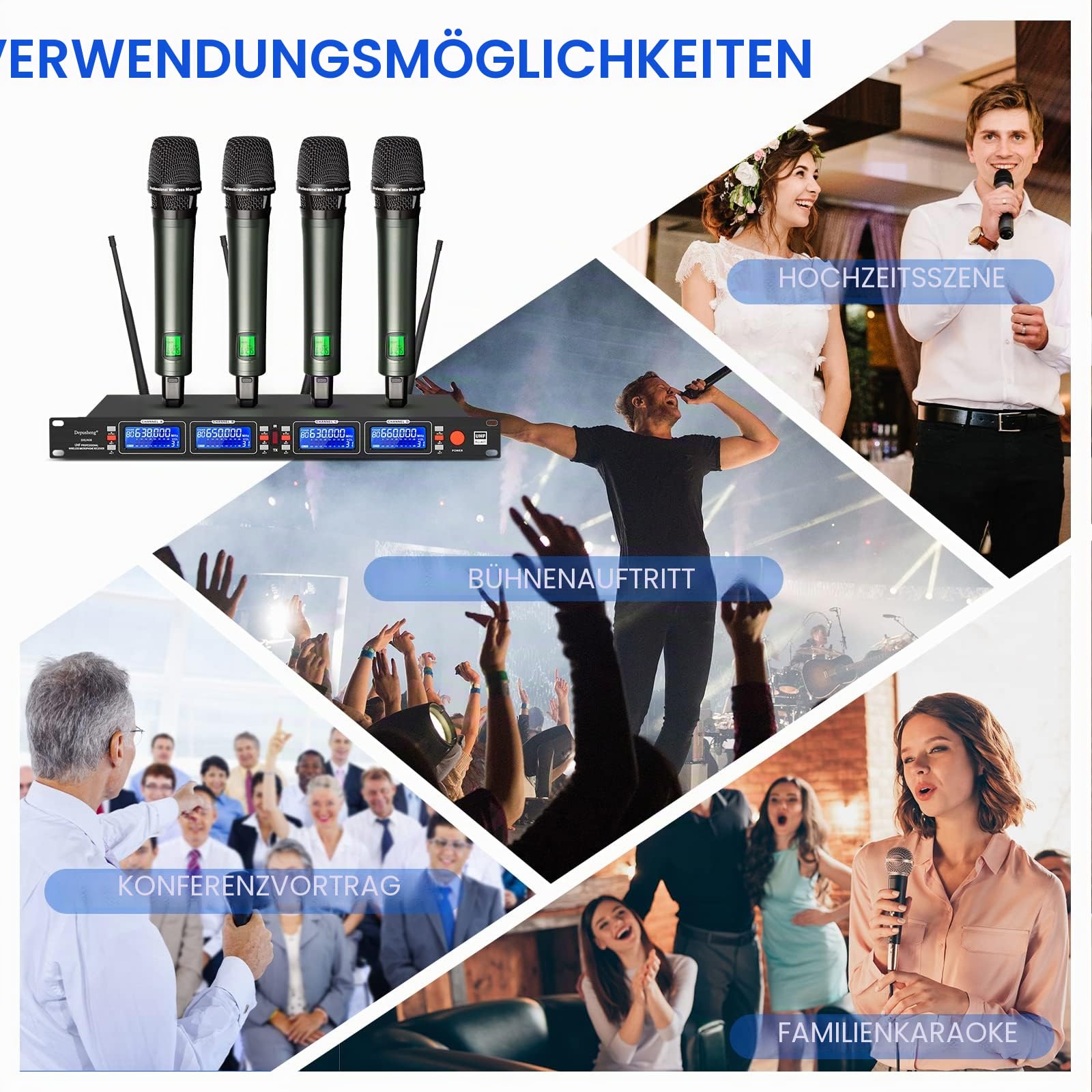 Depusheng DR2400 Funkmikrofon professionelles Bühnen 4 Kanal Funk Handmikrofon Metallgehäuse One-Key-Pairing Fernempfang 100 Meter sehr geeignet für Karaoke Party Hochzeit