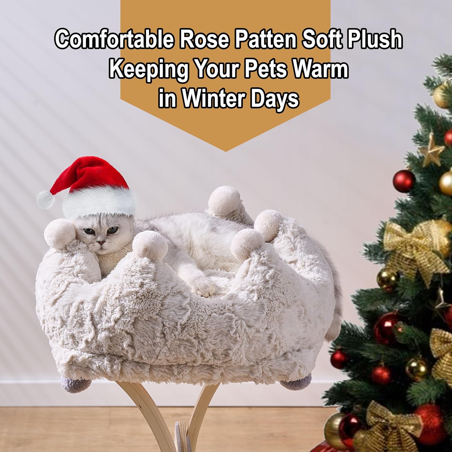 PetPals Round Cat Bed with Removeable and Washable Cushion, Super Soft Rose Patten Faux Fur Pet Bed for Puppy and Kitten with Anti-Slip Bottom (Rose Crown)