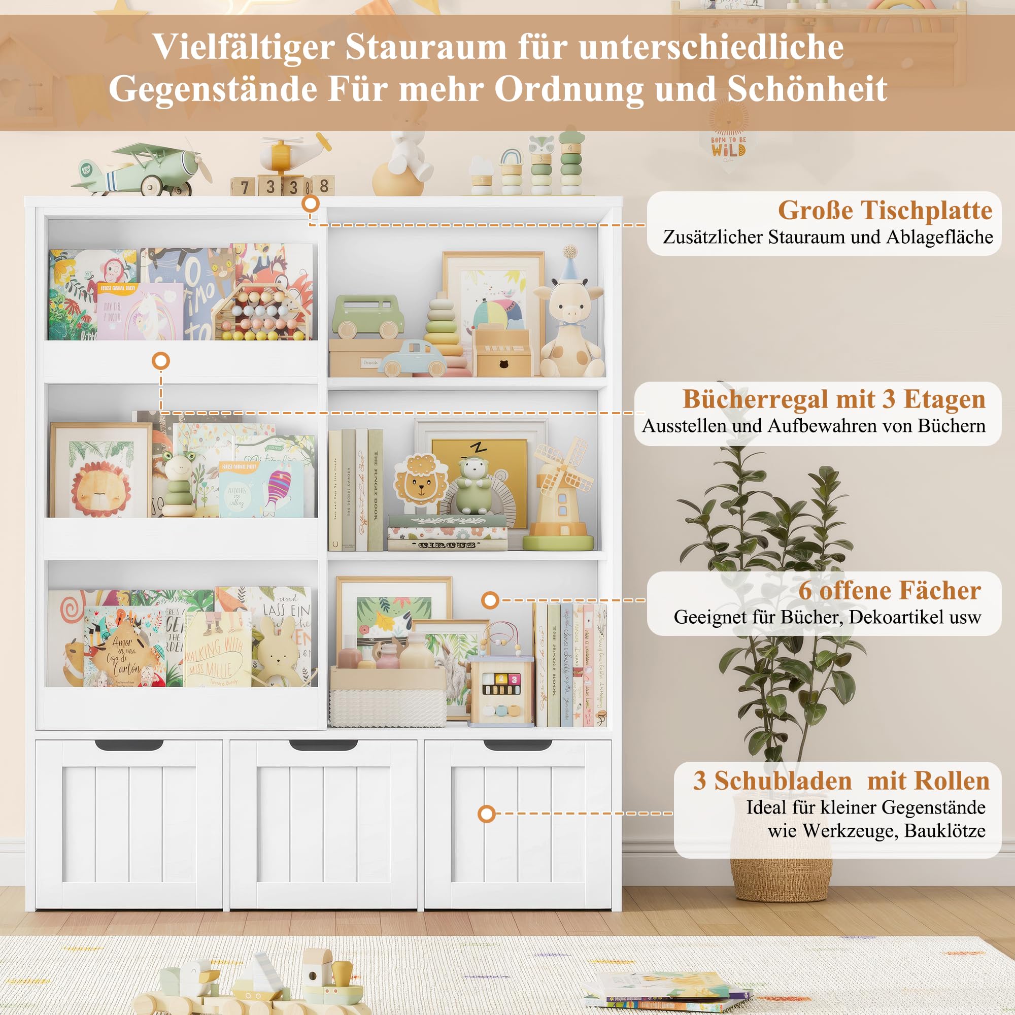 FOREHILL 120cm Kinderregal, Kinderzimmer Möbel mit Schiebtür & Bücherregal | Kinderregal für Spielzeug Aufbewahrung, Kinderschrank, Bücherregal Kinder für Kinderzimmer, Leseecke 120x37x100cm
