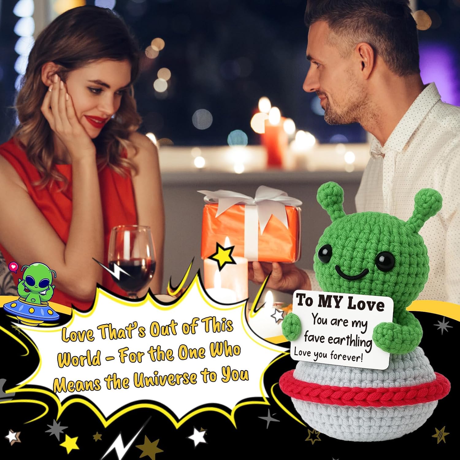 Funny Valentines Gifts for Him Her Boyfriend Girlfriend - Cute Handmade Crochet Alien, Romantic Anniversary Valentines Presents for Husband Wife Couple - I Love You Gift for Women Men