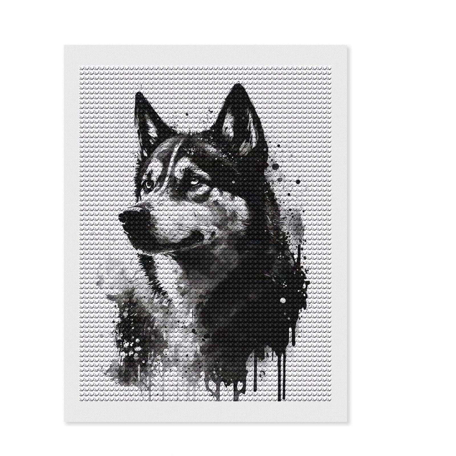 Junmoney Siberian Husky Black Ink Diamond Art Kit 12"x16", Easy to Follow Symbols, Complete Accessories, Relaxing DIY Hobby, Home Wall Decor