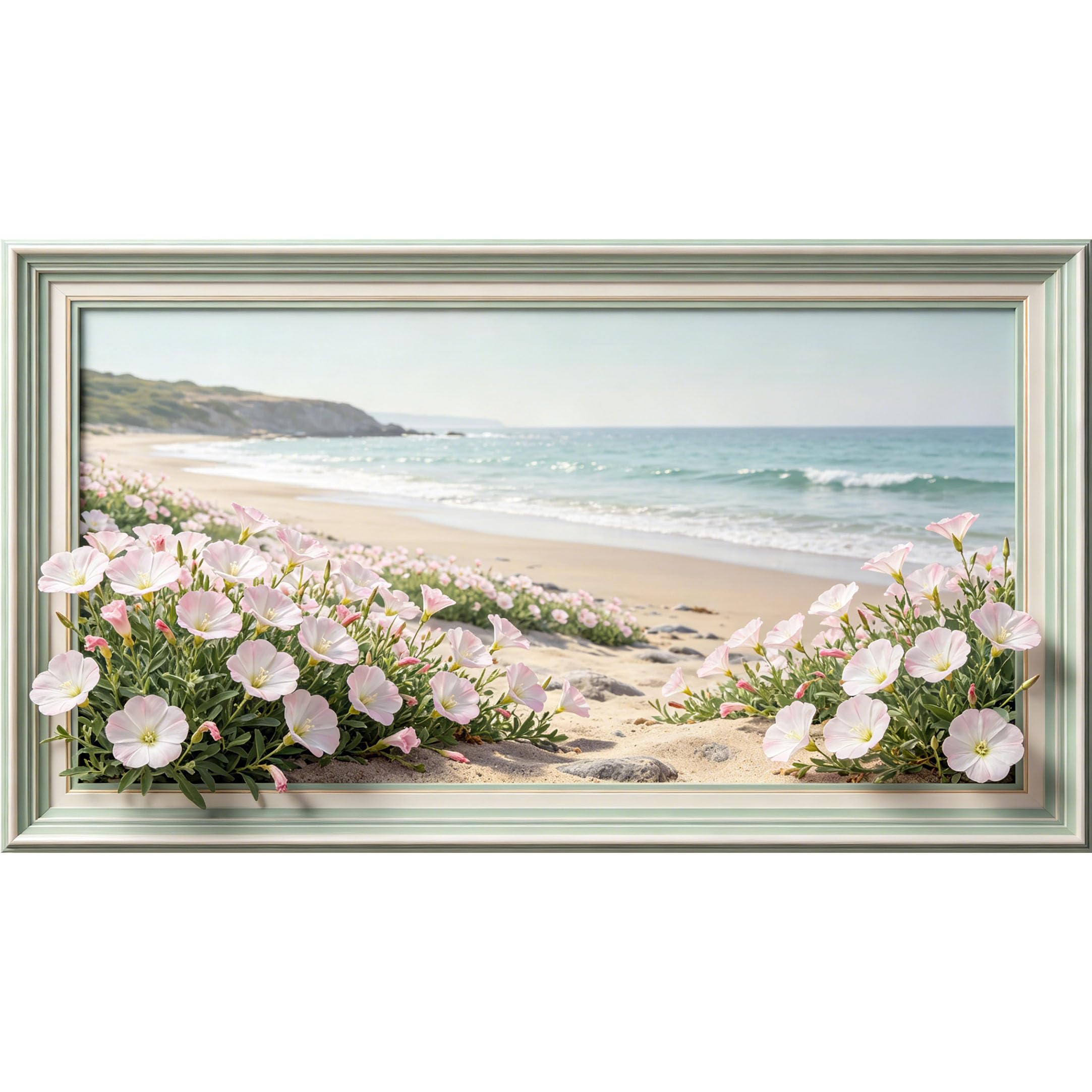QZLITHOTIC 50×90cm3D Framed Wall Art， Coastal Pink Wildflower Beach Scene Self?Adhesive Mural， Water?Activated Peel & Stick Fabric Decor Wall Decal for Bedroom Living Room