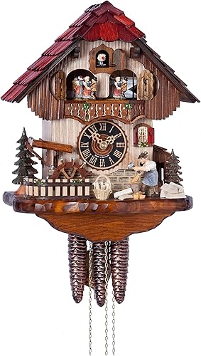 Cuckoo Clock Black Forest house with moving wood chopper and mill wheel