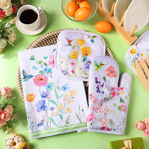 Miniatura 6 de Manoplas de horno y soportes para ollas, juego de toallas de cocina con diseño de colibrí de primavera, toallas de cocina y paños de cocina para
