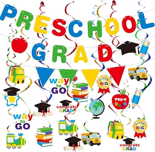 Ctosree 39 piezas de decoraciones de graduación preescolar incluyen espirales colgantes de graduación preescolar, pancarta de graduación