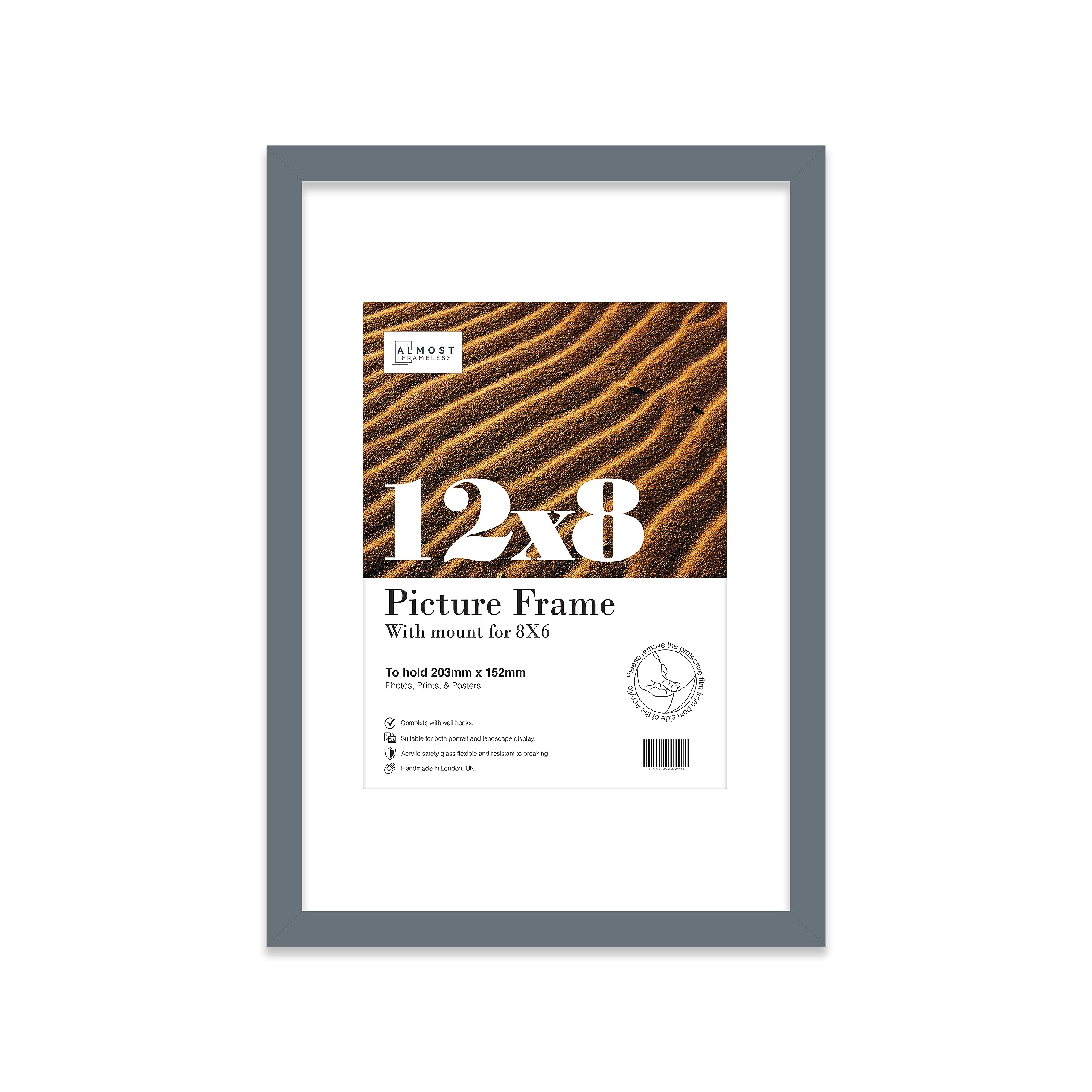 Almost Frameless 12x8 Grey Picture Frame With Mount for 8x6 Print, Poster or Photo Poster, Photo, Artwork, or Print. Thin Edge Slim Frame Portrait and Landscape Display with Wall Hooks