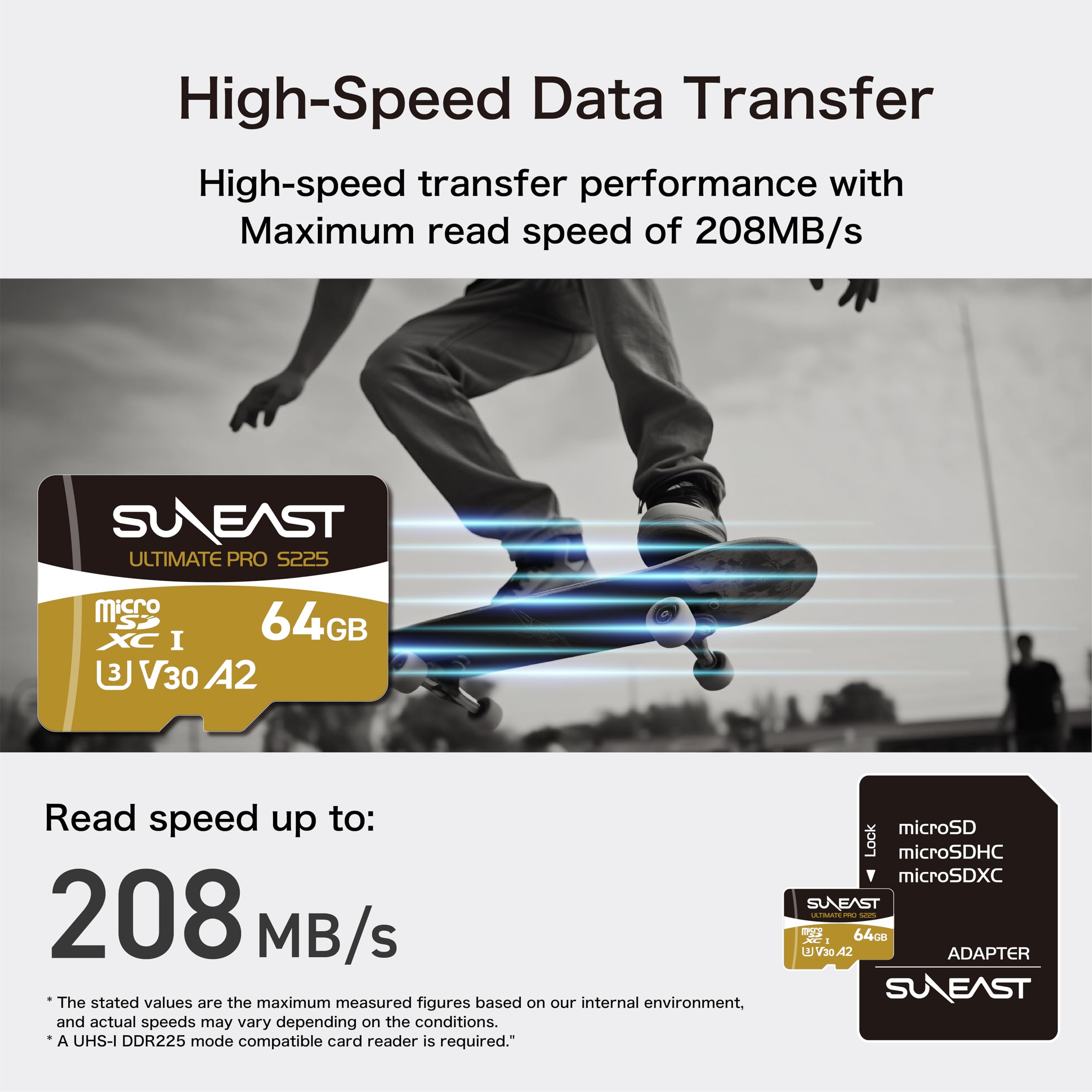 SUNEAST (Japonia) 64 GB ULTIMATE PRO GOLD S225 V30 A2 C10 DDR225 UHS-I Karta pamięci MicroSDXC Odczyt: 208 MB/s Zapis: 100 MB/s dla kamer sportowych/dronów/kamery Dashcam