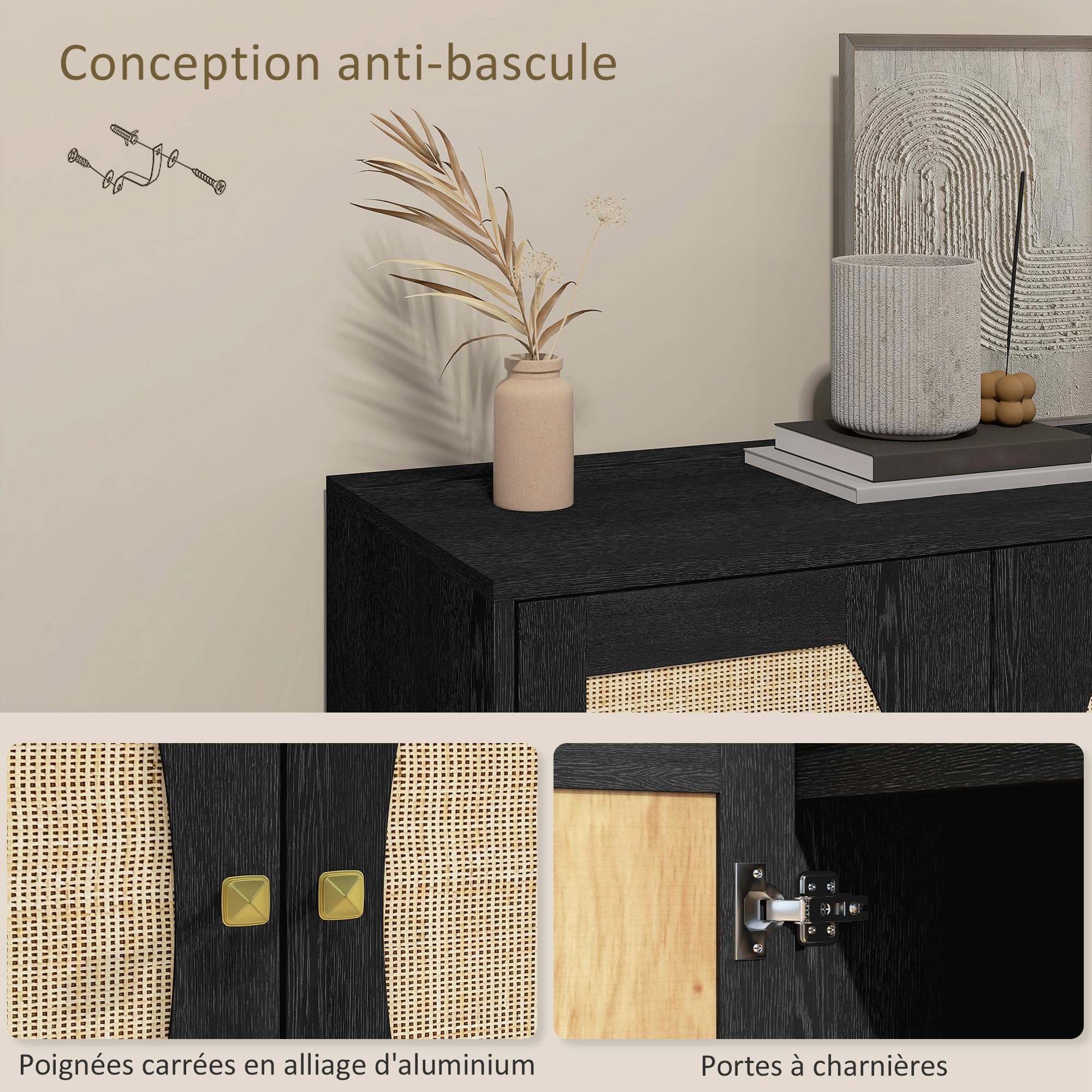 Credenza Bohemien HOMCOM - 2 Ante In Rattan, 80x38x79 Cm, Nero - Foto 3