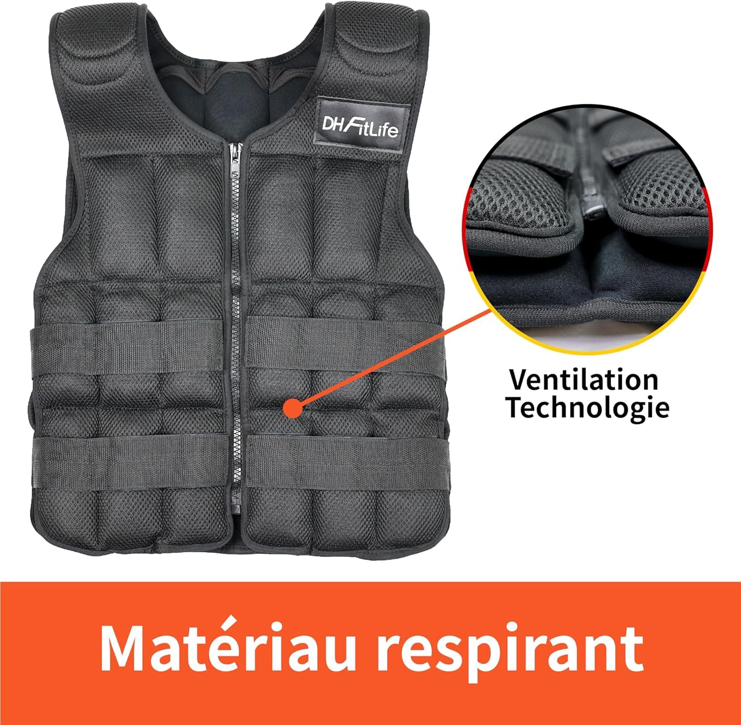 DH FitLife Gilet lesté 10KG/20KG/30KG pour la musculation, Weighted Vest, Veste lestée Ajustable, Entraînement à la force et l'endurance, pour course à pied, pompes,tractions