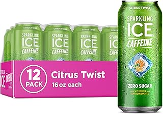 Sparkling Ice +Caffeine, Citrus Twist Flavored Sparkling Water with Caffeine, Zero Sugar, with Vitamins and Antioxidants, Low Calorie Beverage, 16 fl oz Cans (Pack of 12)