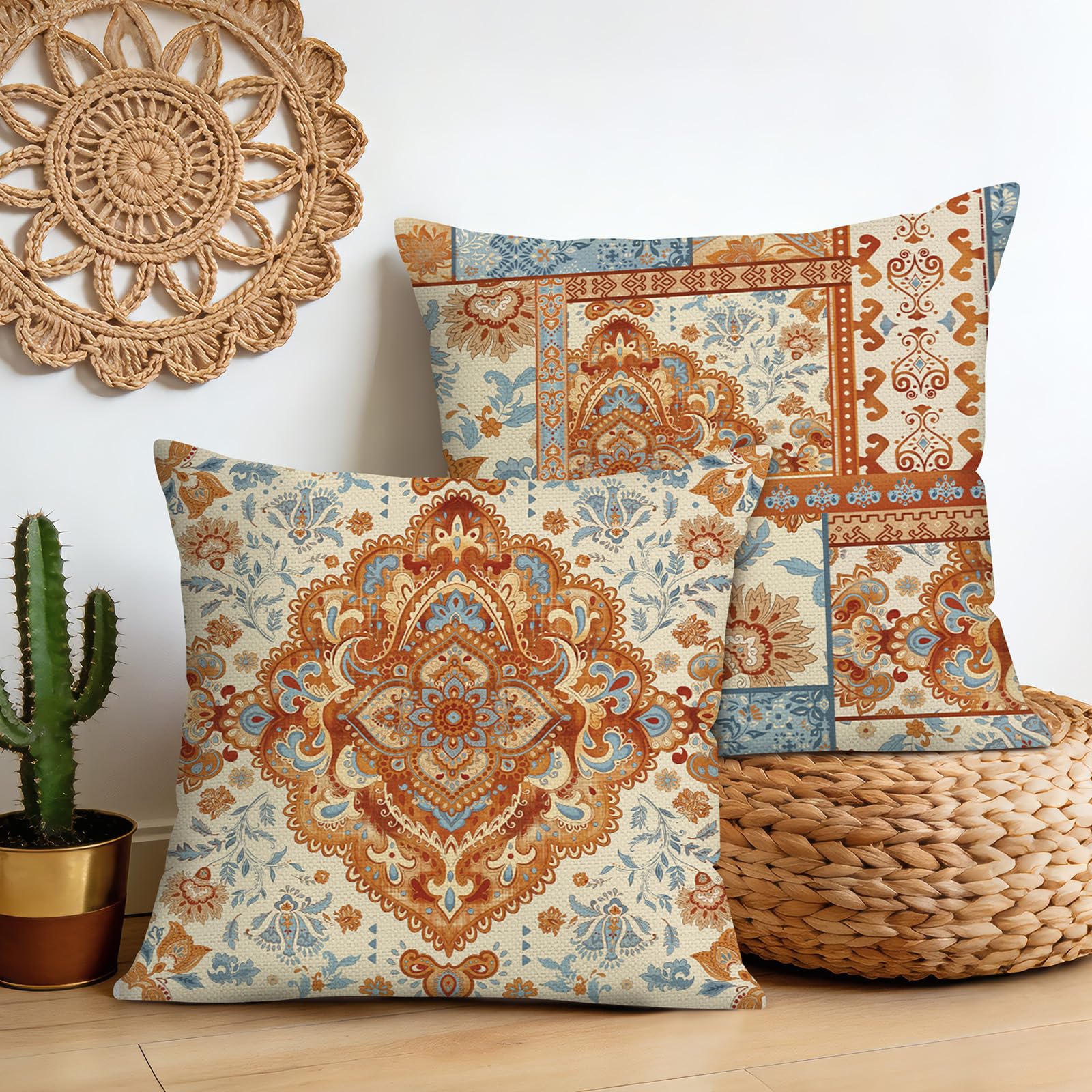 Bonhause Boho poszewki na poduszki dekoracyjne 45 x 45 cm, zestaw 2 sztuk, vintage, boho, etniczny, dywan, brązowy, pomarańczowy, niebieski, kwiaty, liście, na zewnątrz, dekoracyjne poszewki na