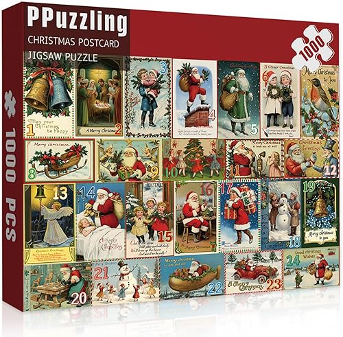 Rompecabezas de Navidad vintage para adultos de 1000 piezas, rompecabezas de vacaciones de Navidad con 24 postales de Navidad, rompecabezas de