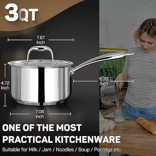 Miniatura 3 de Cacerola de 3 cuartos de galón con tapa, paquete mejorado, sartén de acero inoxidable 1810 de 3 cuartos de galón con pulido de espejo y 2 bolsas,