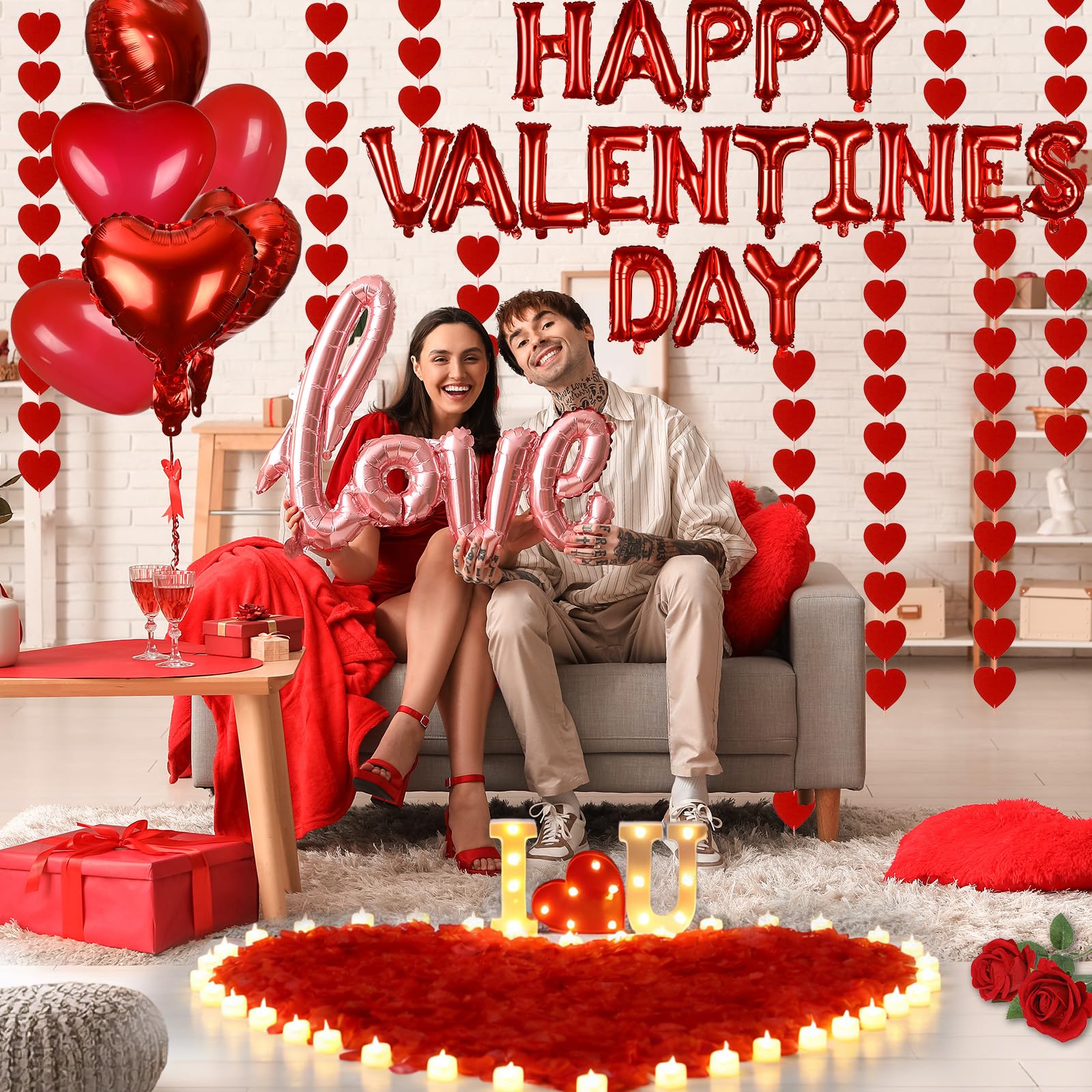 Decoraciones para el día de San Valentín, globos de feliz día de San Valentín, 3000 pétalos de rosa roja con 36 luces LED cálidas, velas con letras iluminadas, 2 rosas artificiales, corazón, globos de