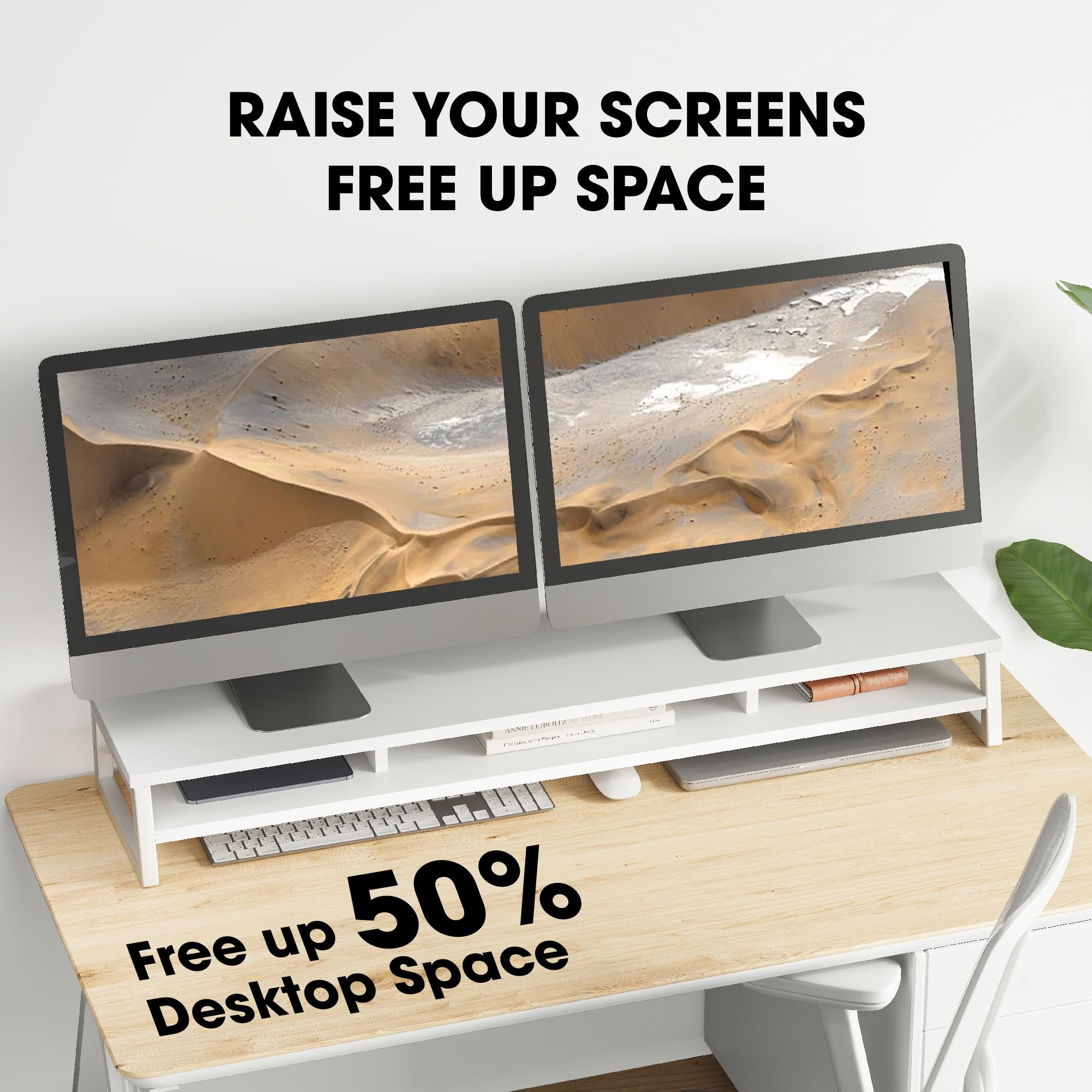 Fenge Supporto per Monitor per Computer in Legno con Struttura in Metallo, Rialzo per Monitor da Scrivania a 2 Livelli, Supporto Ergonomico per Laptop, PC, Computer, L108 x W25,5 x H13,7cm, Bianco
