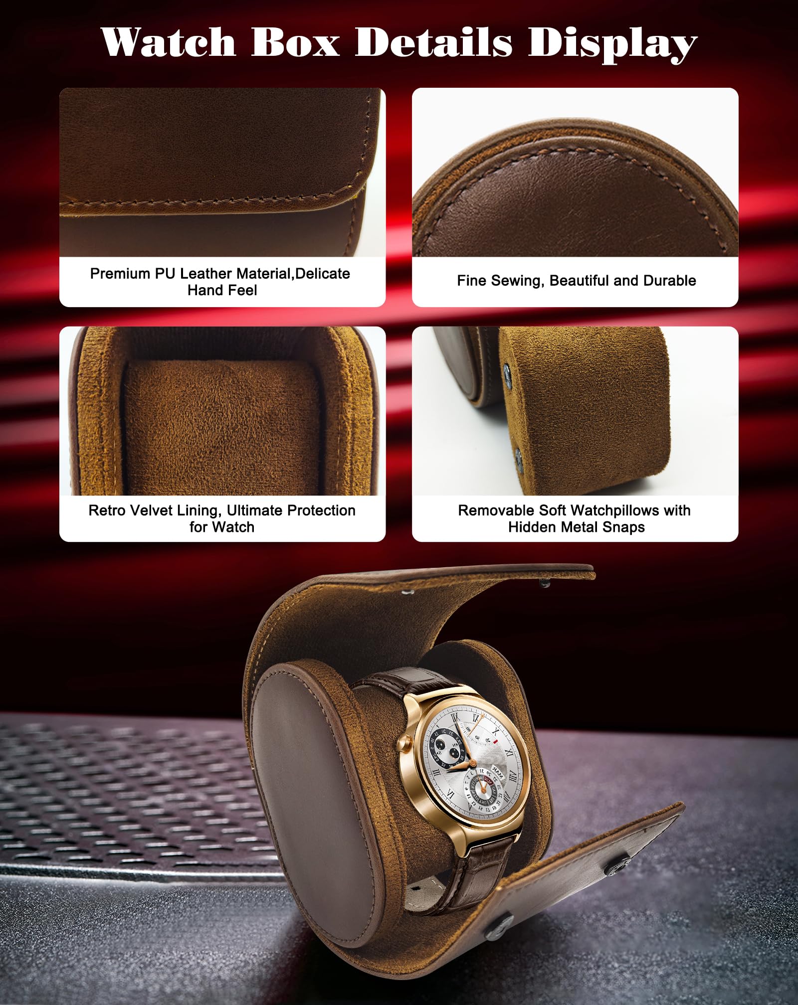 Custodia da viaggio per orologi, custodia arrotolabile singola in pelle PU, organizer per orologi con cuscino rimovibile, supporto portatile per orologi, gioielli e bracciali, regalo di Natale, marr