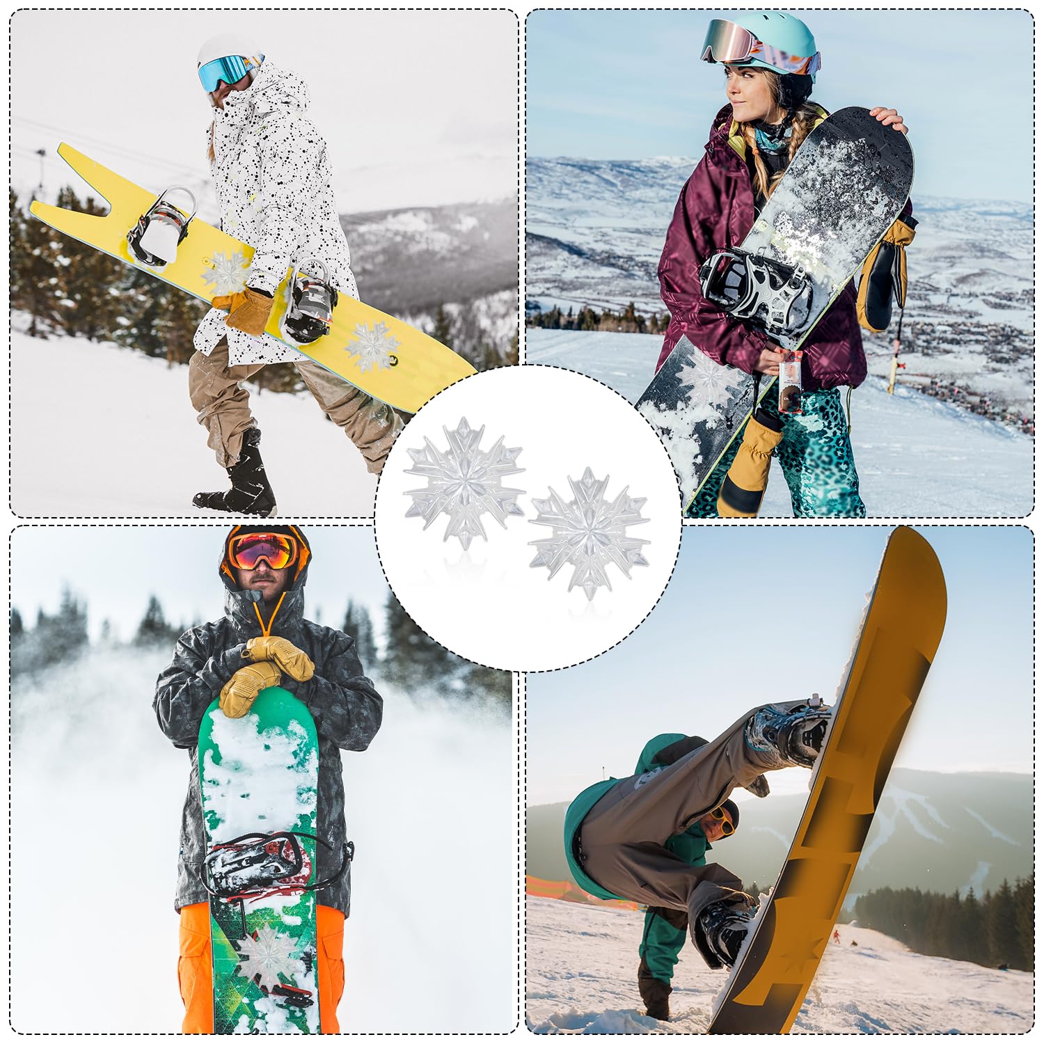 2 Szt. Podkladki Snowboardowe, 3D Przezroczyste Podkladki w Ksztalcie Platka Sniegu Snowboard Przeciwposlizgowe Mata Snowboard Kolce Podkladki Stompowe na Zime Snieg Lód Narty Akcesoria