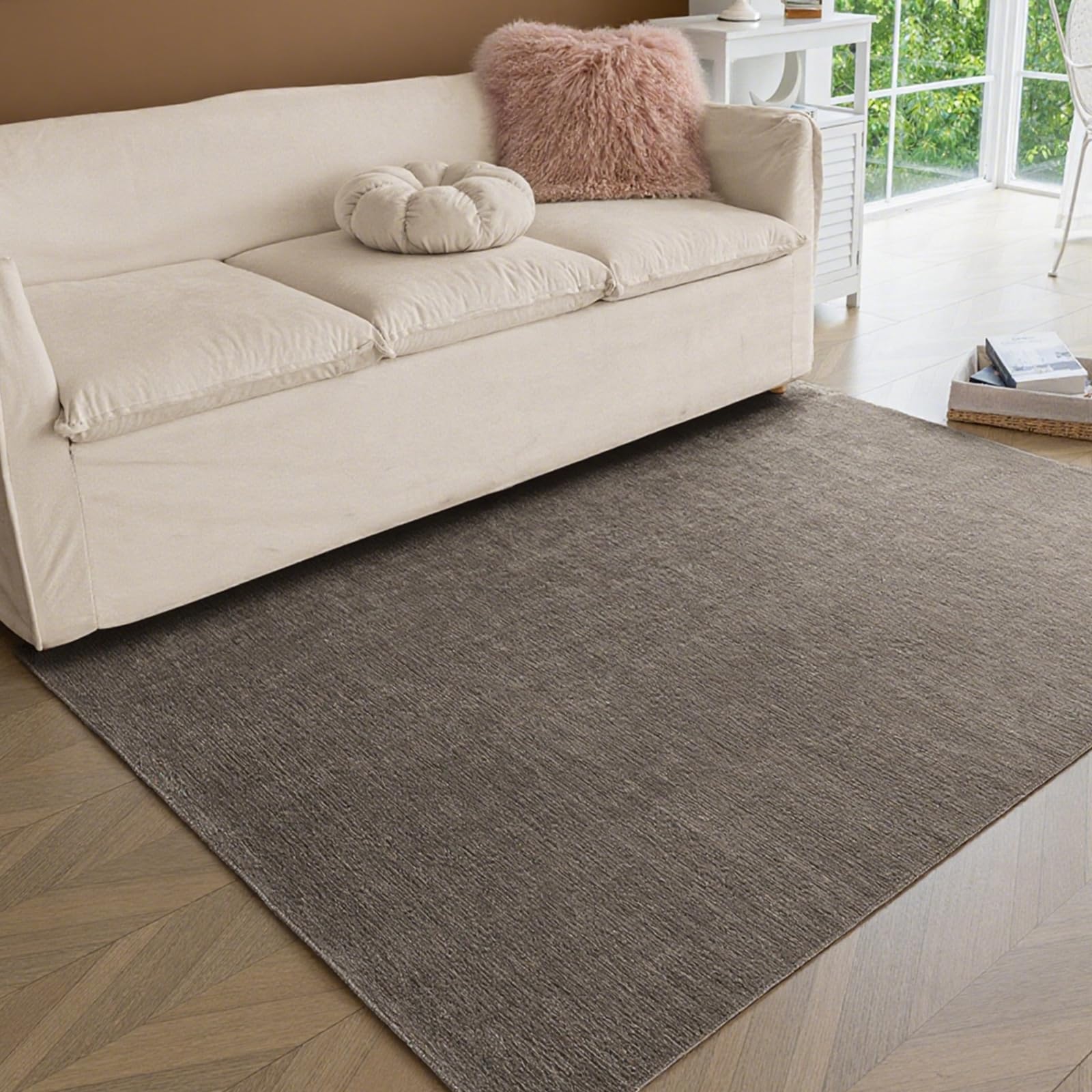 Obundi Rugs for Bedroom, 120x160cm, Taupe Low Pile Rug, Washable Large Rug, Area Rugs Living Room, Square Bedside Floor Mat, Non Slip Soft Thin Chenille Carpet for Kitchen, Office