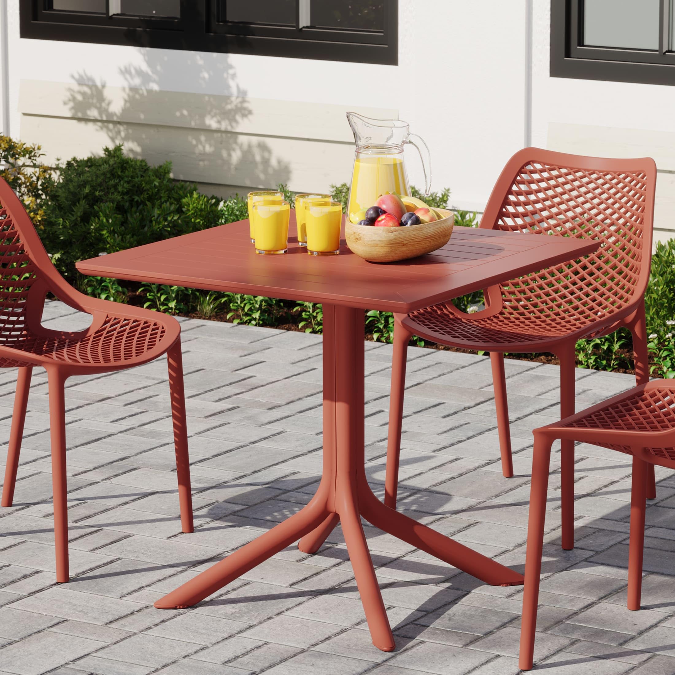 Costaelm Patio Dining Table for 4, Square PP Patio Table, 4-Person Weather Resistant Deck Table for Porch Poolside Lawn Garden Backyard, Red