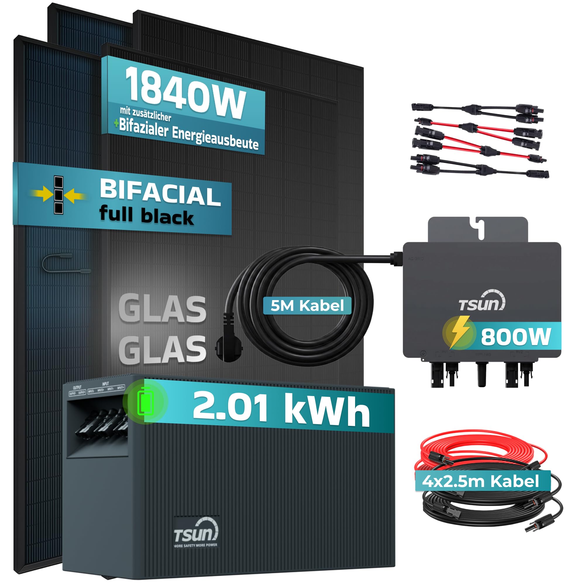 SUNNIVA® 1840W Balkonkraftwerk mit 2,01 kWh Speicher TSUN SOLARCAN TSOL-DCU2000Lite, BIFAZIAL FULLBLACK komplett Steckdose, PV Solaranlage Komplettset mit Solarspeicher, 4x 460W Glas-Glas Bifacial