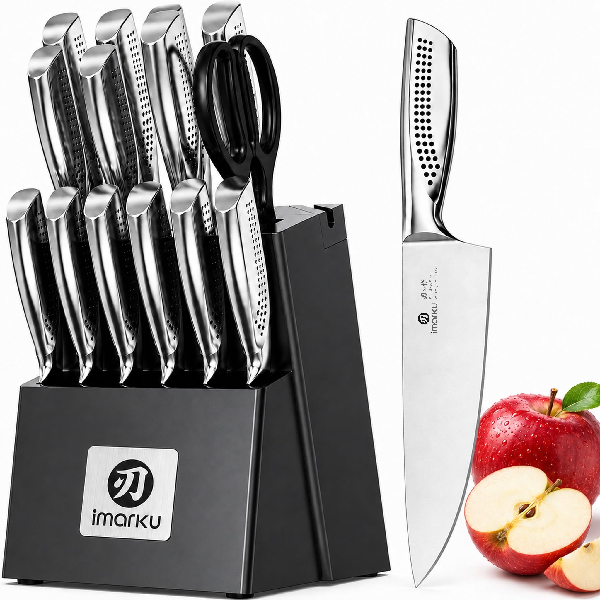 imarku 15PCS Kitchen Knife Set with Block,High Carbon Stainless Steel,Black