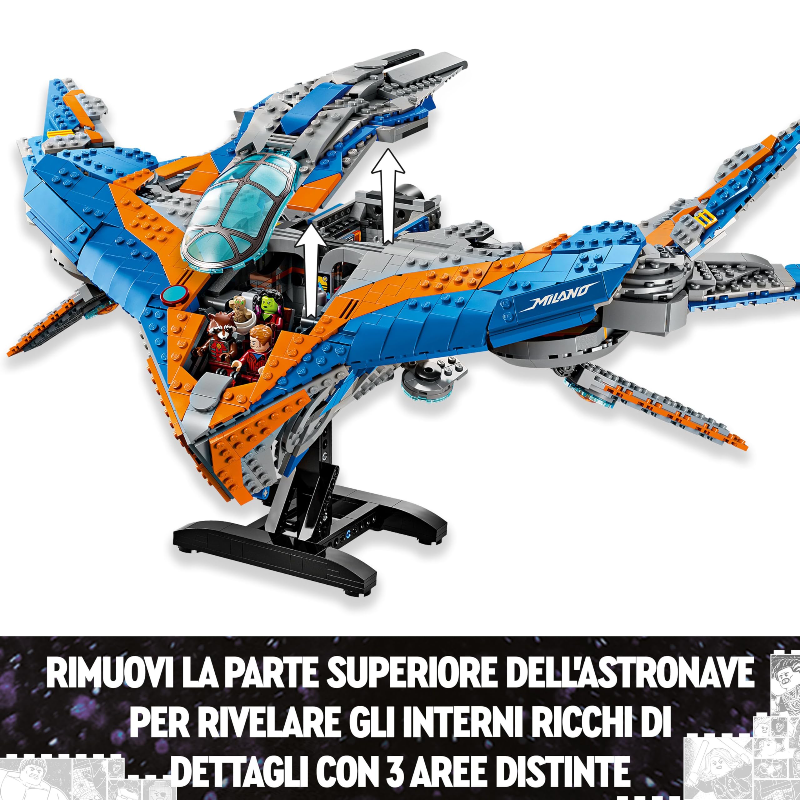 LEGO | Marvel Guardiani della Galassia: Milano, Modellino di Astronave Giocattolo da Costruire con 4 Supereroi tra cui Star-Lord e Baby Groot, Regalo per Bambini da 12 Anni, Gioco da Collezione 76286
