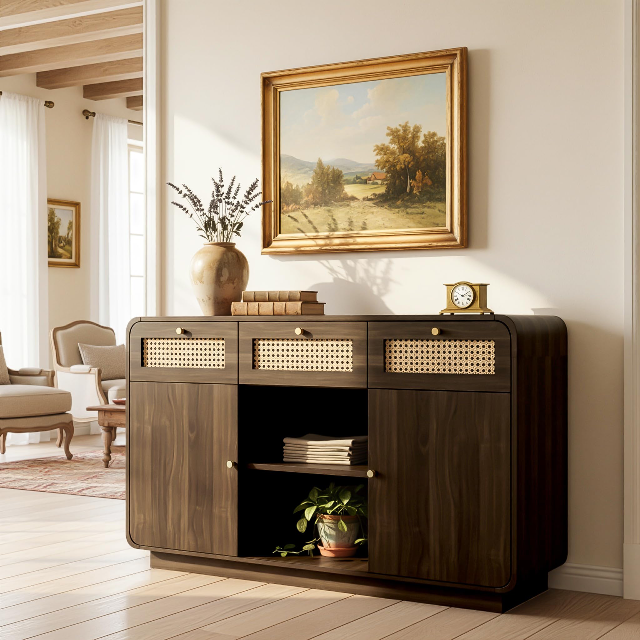 BTM Commode Sideboard 120cm Noyer, Armoire À Tiroirs avec Rotin & Poignées Dorées, 3 Tiroirs + 2 Armoires + Rangement Ouvert, Étagères Réglables, H85/B120/T40cm