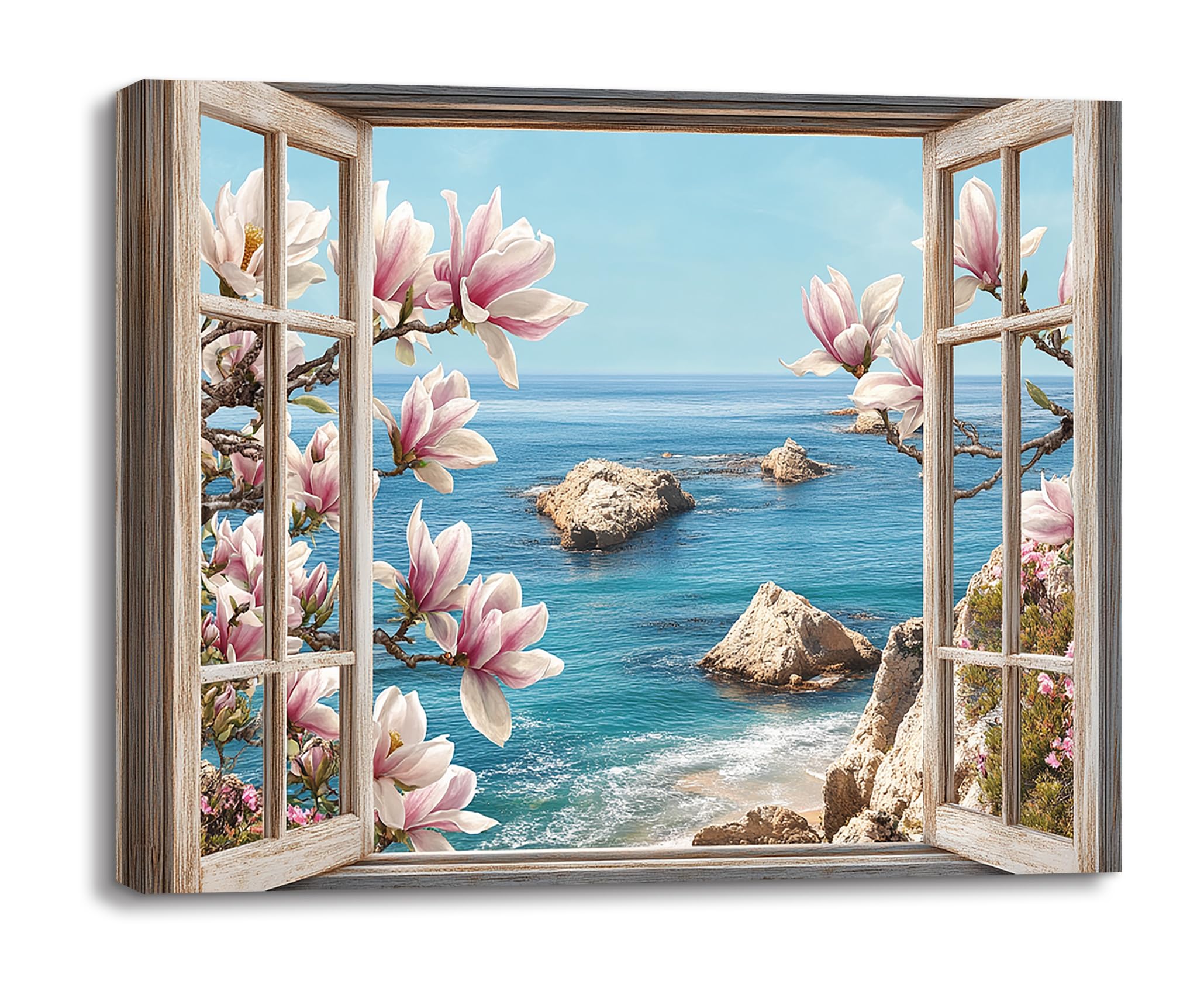 PIY PAINTING Wasserfront Szene Spiaggia Quadri Moderni Soggiorno Stampe Da Parete Mare e Finestra Disegno Su Tela Fiore Immagine Pittura Dipinto Quadro Con Cornice Decorazione Camera Da Letto 30x40 cm