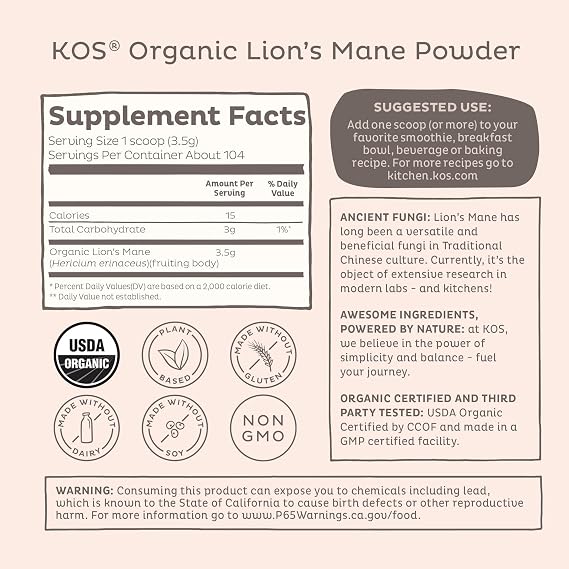 KOS Organic Lion's Mane Powder - Natural Nootropic Superfood - Vegan Functional Mushroom, Plant Based, USDA Certified, Non-GMO, Soy & Gluten-Free - 104 Servings