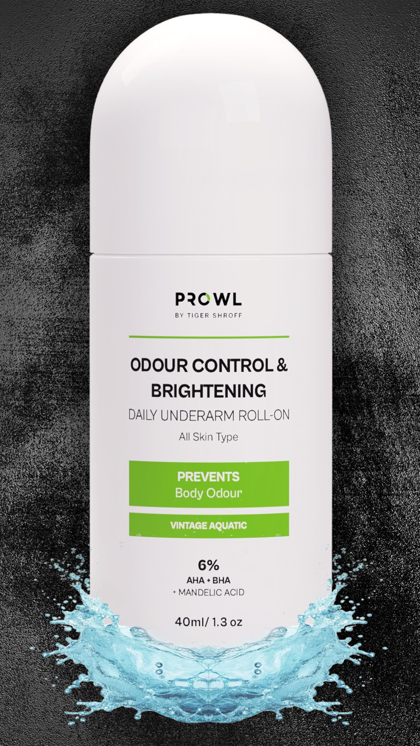 PROWL Underarm Roll-On for Men with 6% AHA BHA Mandelic Acid, Brightens Dark Underarms Controls Odour and Sweat for All Skin Types, Non-Sticky Quick-Drying Gel, Vintage Aquatic Scent – 40ml
