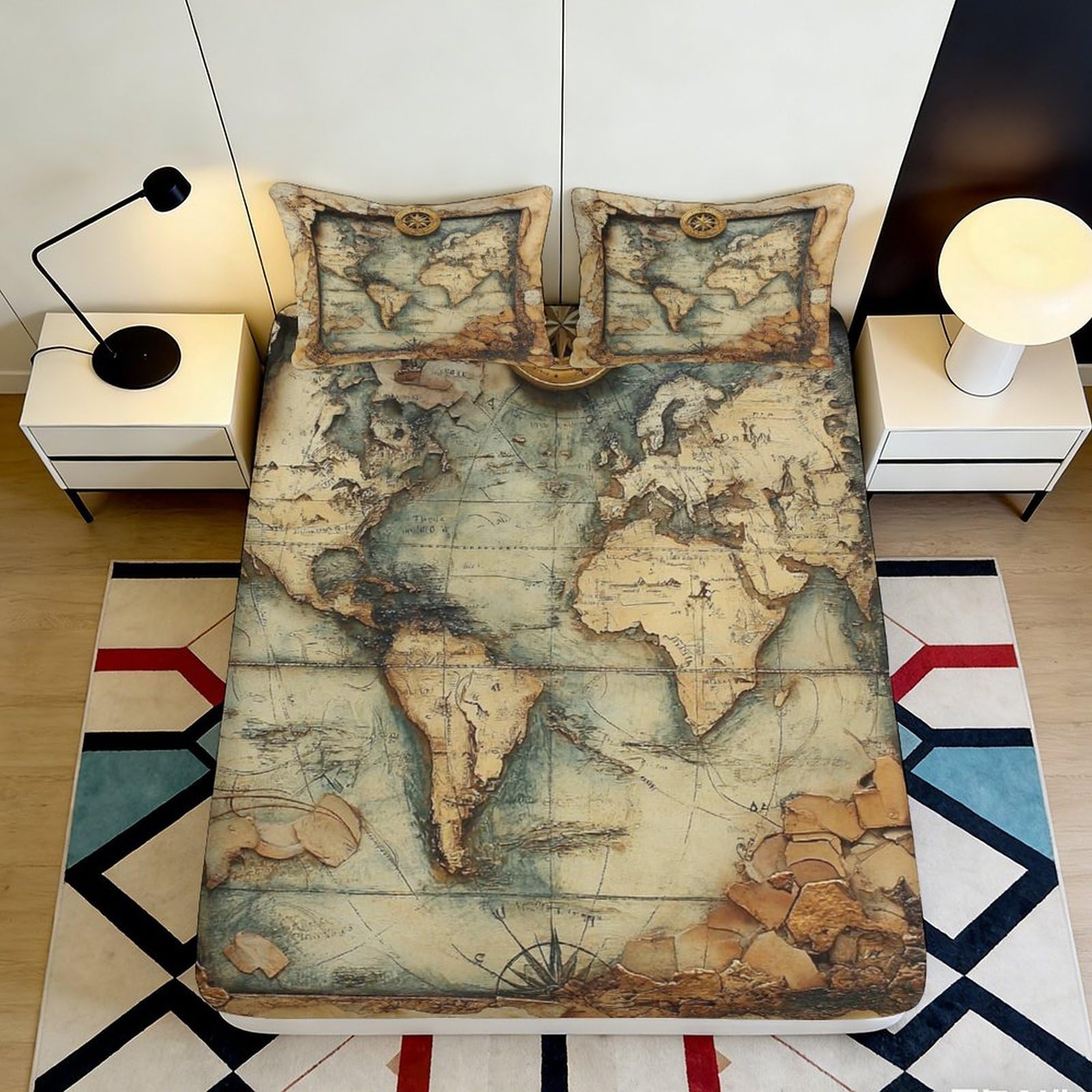 3D Printed Vintage World Map Fitted Sheet Microfiber Soft Breathable Retro Globe Mattress Cover for Bedroom Dorm Decor 180x200x25cm
