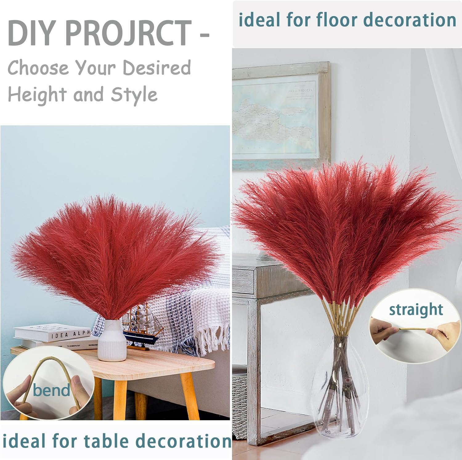 38" Faux Pampas Grass Decor - Artificial Pampas Grass - Black & Red - 30 Count - Indoor & Gifting